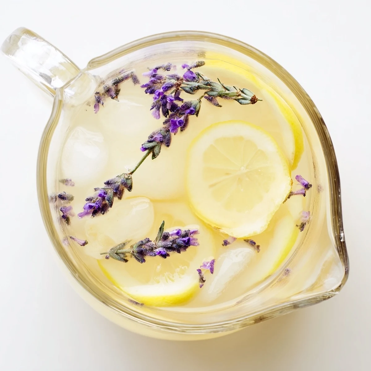 Tall glass of floral lavender lemonade with ice cubes and lemon wheel garnish on sunny patio