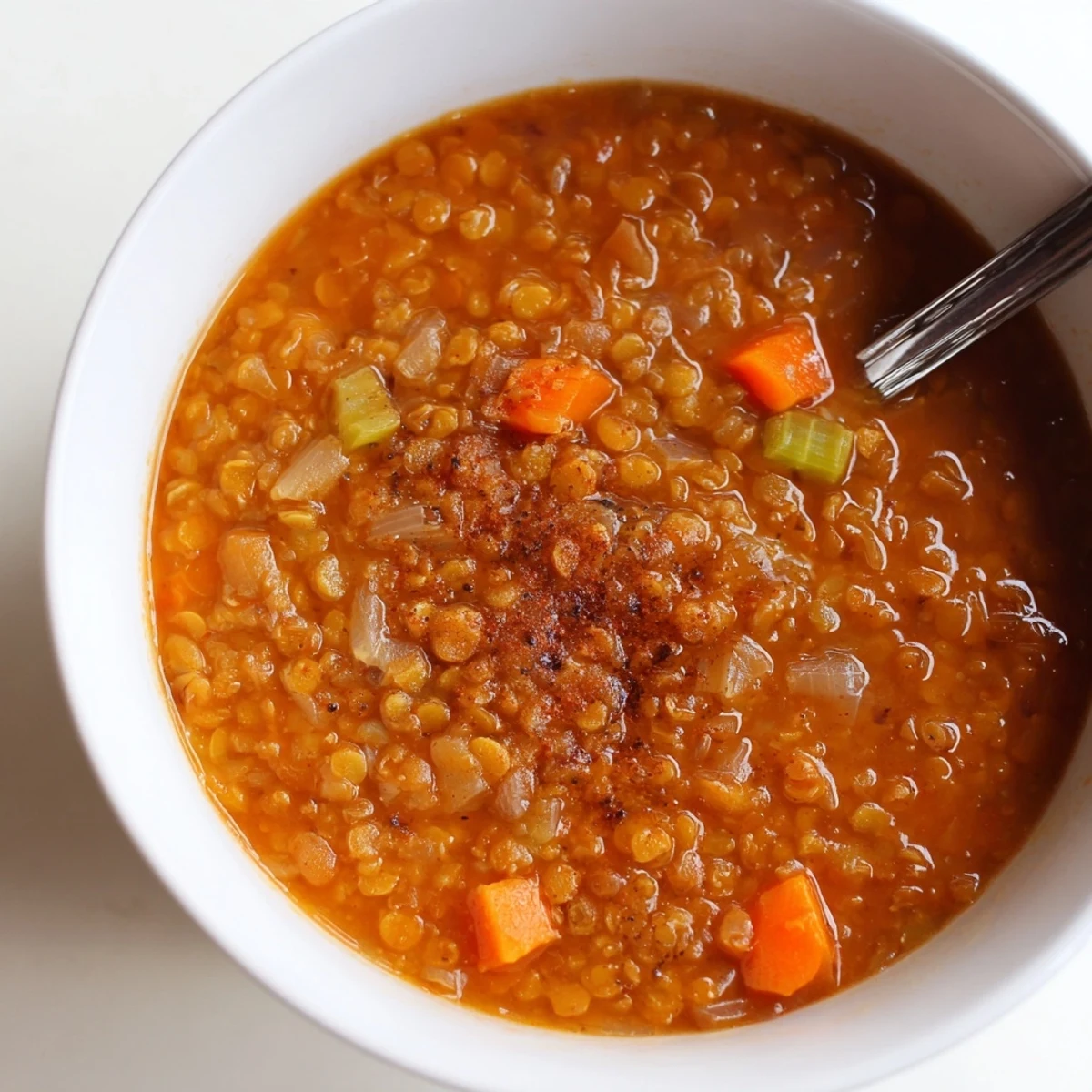 Golden bowl of caramelized onion red lentil soup garnished with fresh parsley and lemon wedge