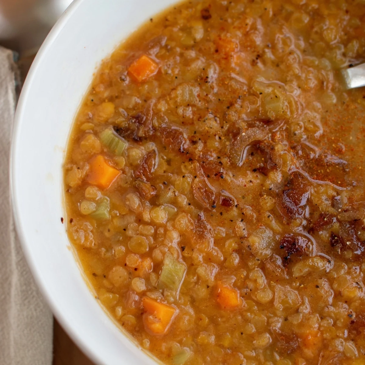 Creamy caramelized onion red lentil soup served in white bowl with crusty bread on side