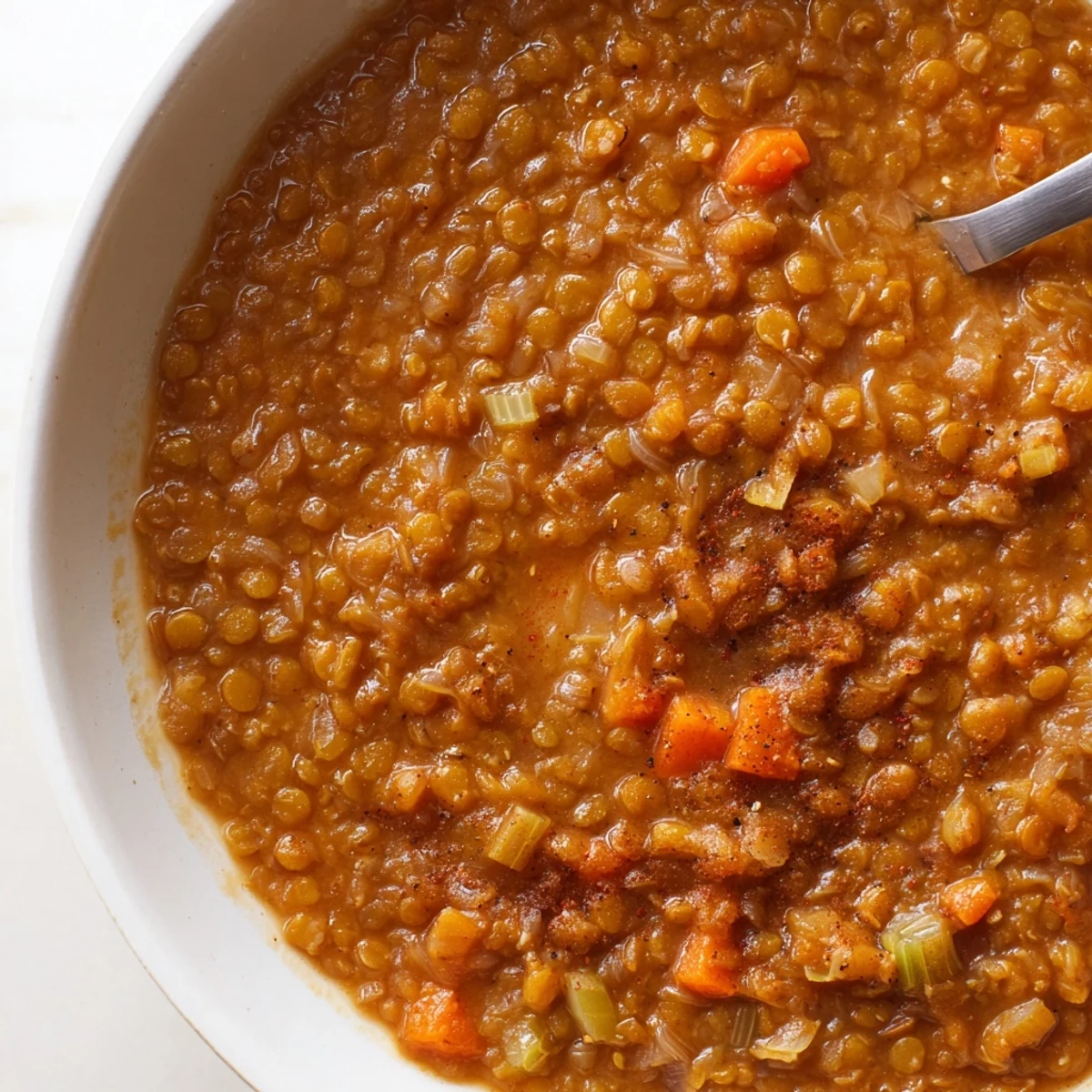 Steaming caramelized onion red lentil soup topped with chopped parsley and drizzled olive oil