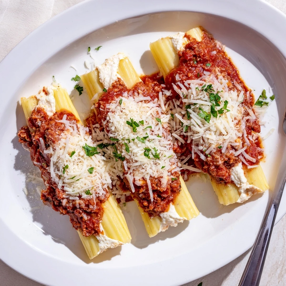 Tender pasta shells stuffed with three cheeses smothered in rich homemade tomato meat sauce