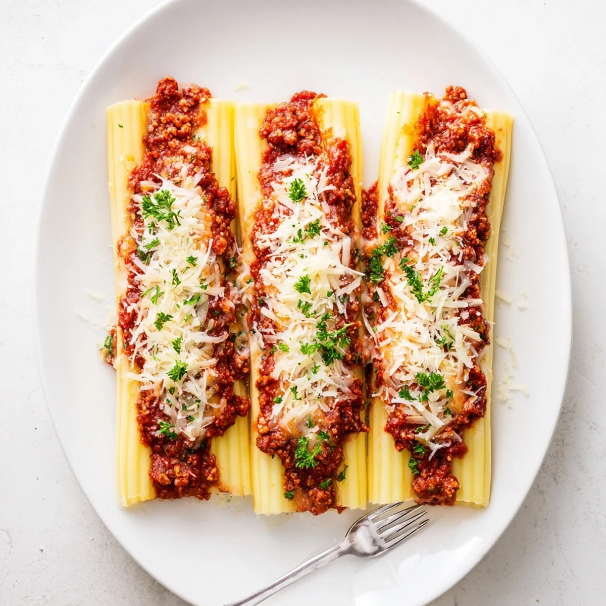 Cheese stuffed manicotti bubbling with melted mozzarella and flavorful Italian meat sauce topping