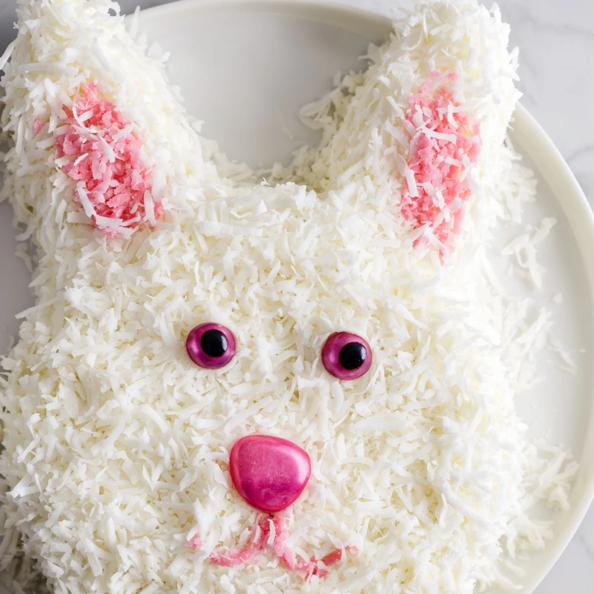 Adorable bunny cake with fluffy coconut fur and pink fondant ears on Easter serving platter
