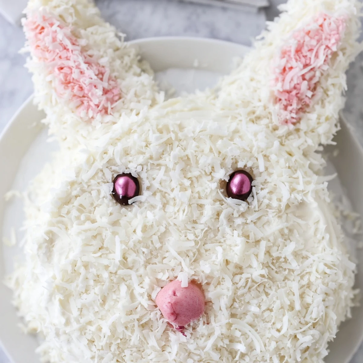Vanilla bunny cake decorated with buttercream frosting, jellybean nose, and shredded coconut for spring dessert