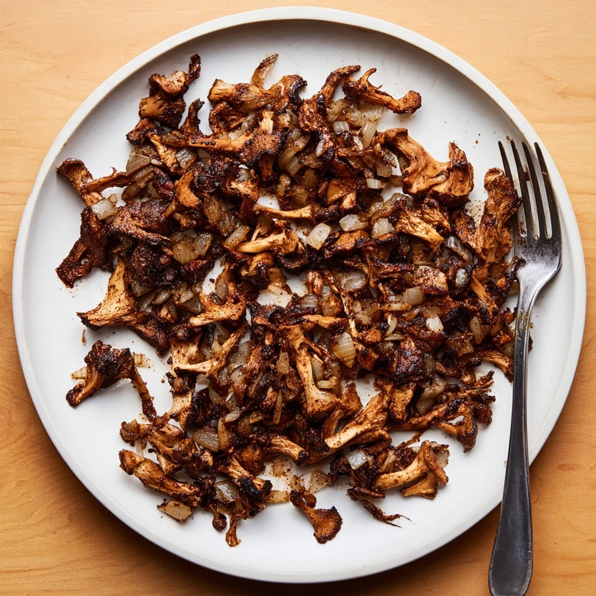 Savory plant-based carnitas featuring juicy shredded mushrooms piled high with diced red onion and avocado
