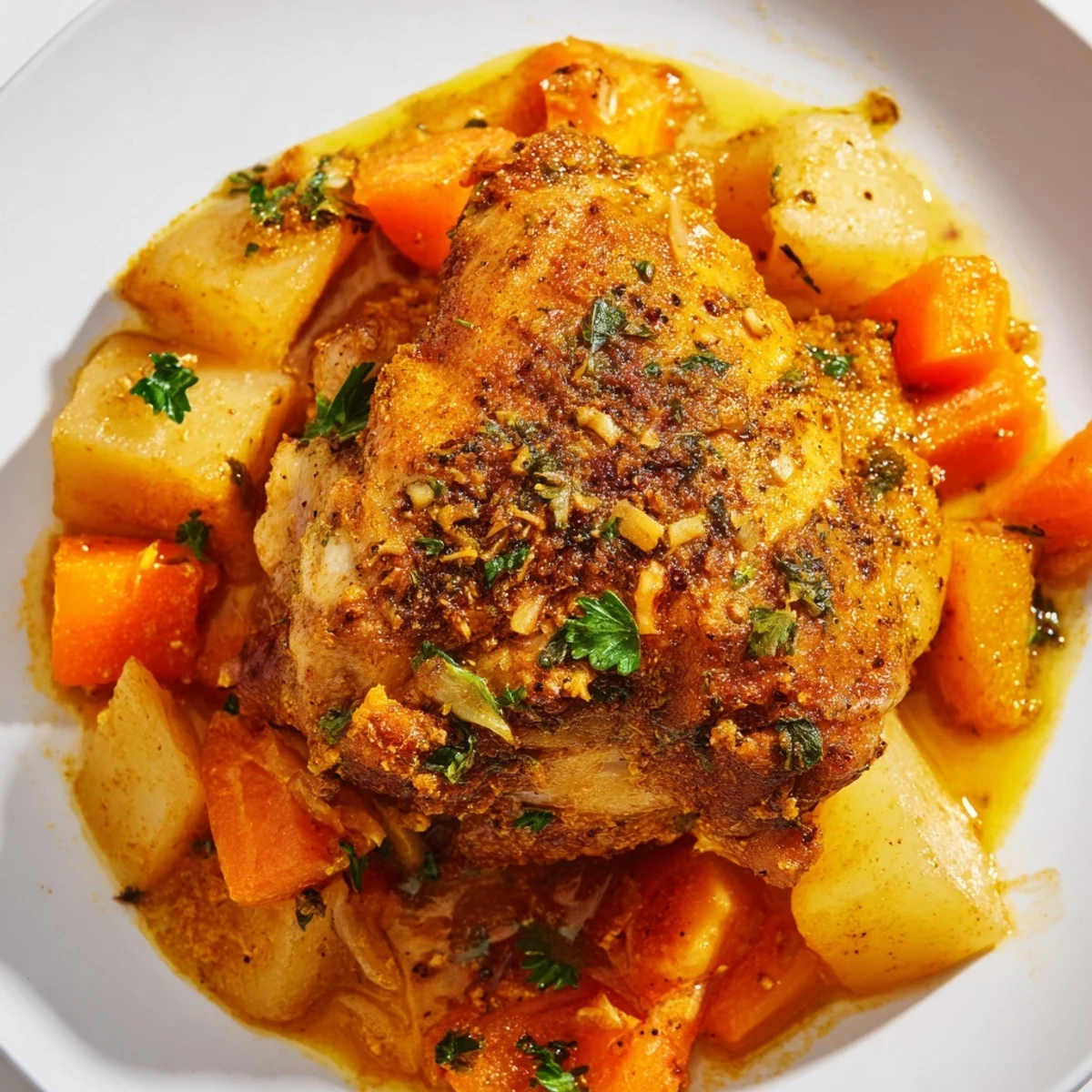 Tender slow cooker chicken dinner with carrots, potatoes, and herb sauce in a rustic bowl
