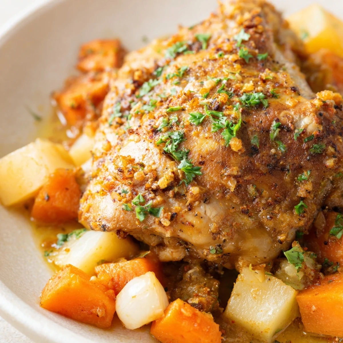 Savory slow cooker chicken dinner featuring fall-apart meat and root vegetables in rich broth