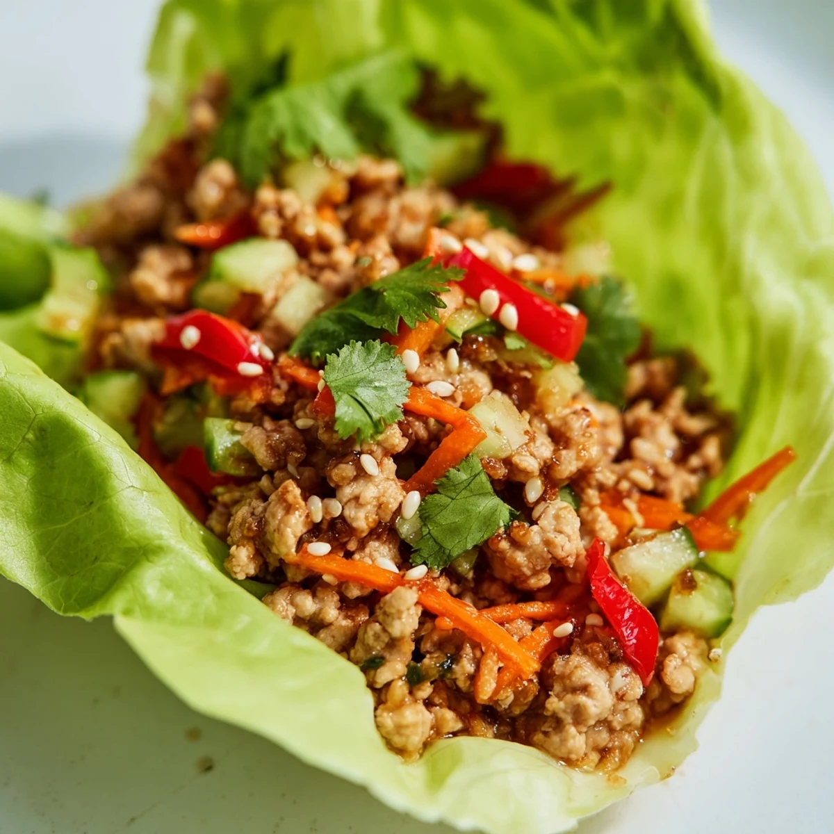 Seasoned ground turkey mixture served in crisp lettuce cups with fresh vegetables and sesame seeds