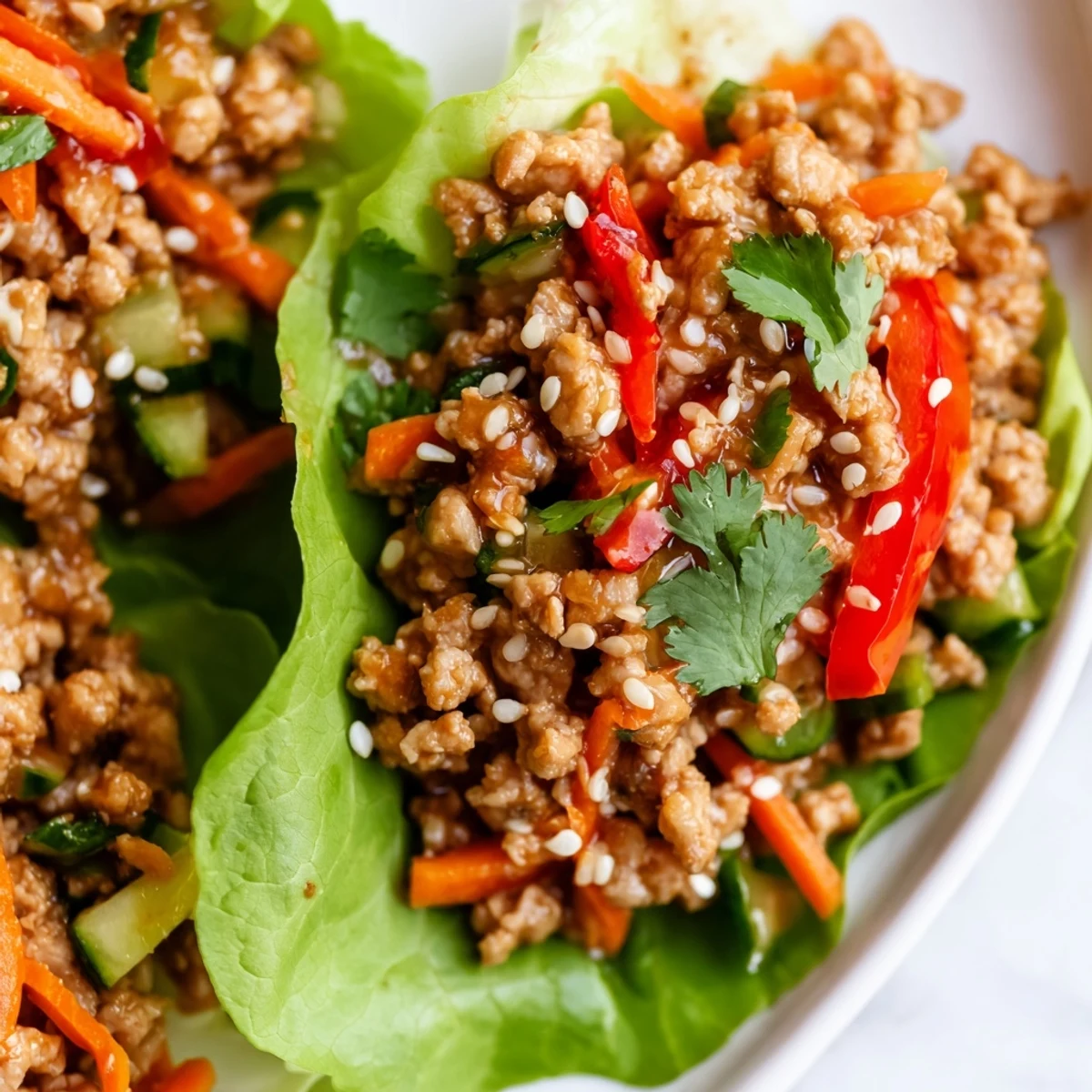 Healthy ground turkey lettuce wrap bowls topped with cilantro and lime wedges for serving