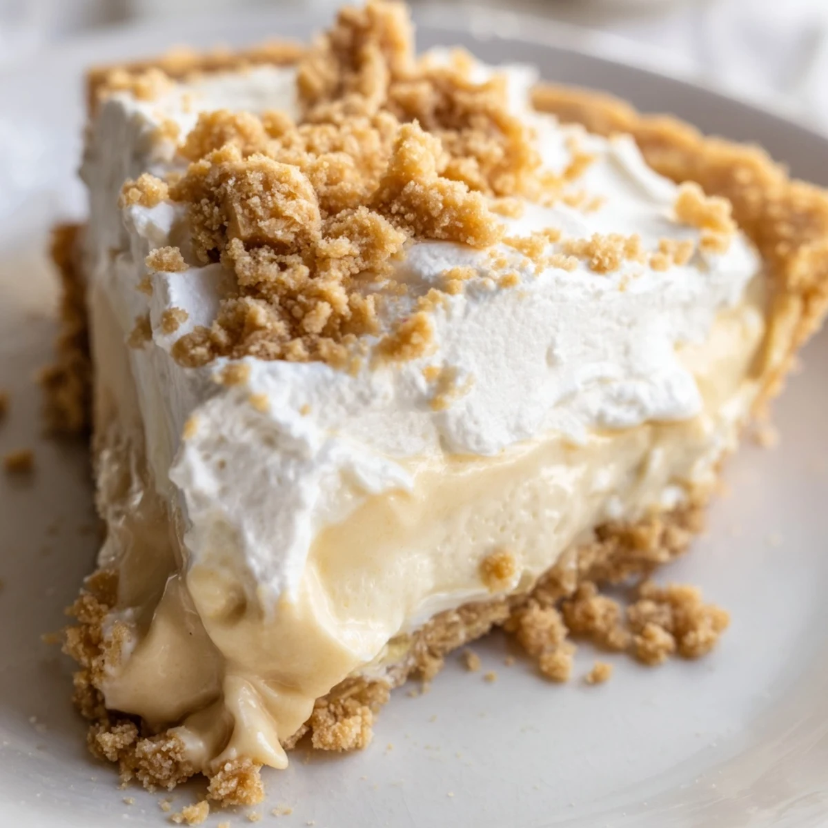 Creamy Old Fashioned Amish Peanut Butter Dream Pie with golden peanut butter crumb topping on chilled custard filling