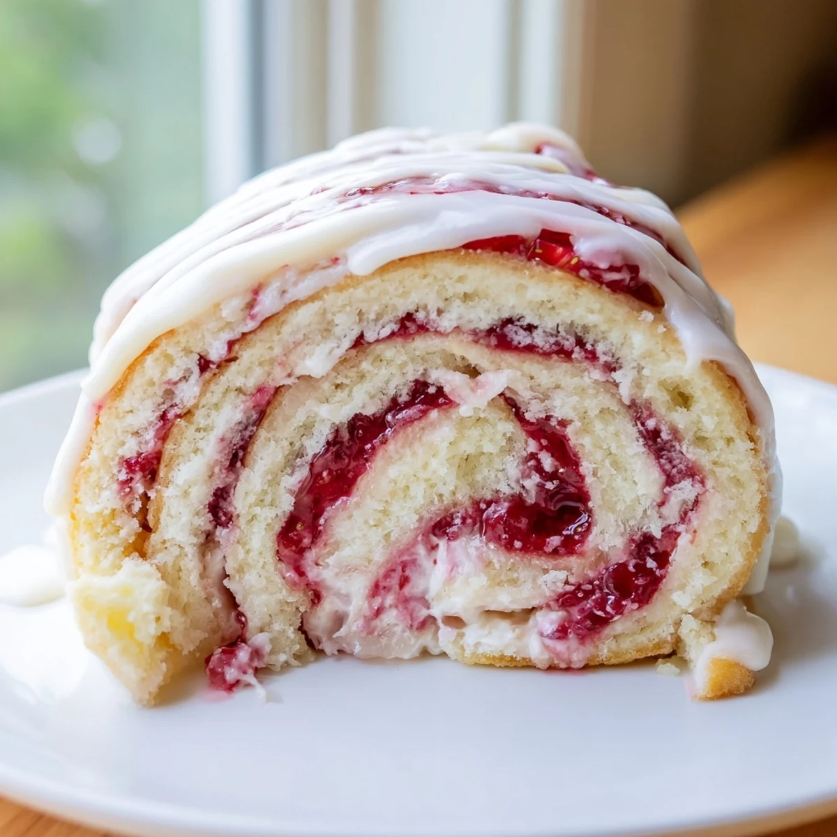 Golden strawberry shortcake cheesecake rolls drizzled with sweet vanilla glaze on a white plate