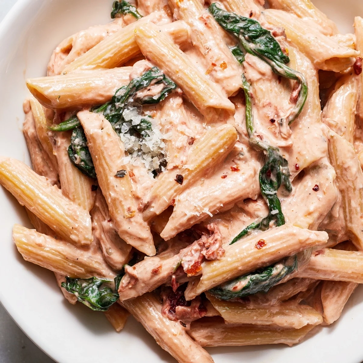 Creamy sun dried tomato spinach pasta in a rustic skillet with vibrant green leaves and rich sauce
