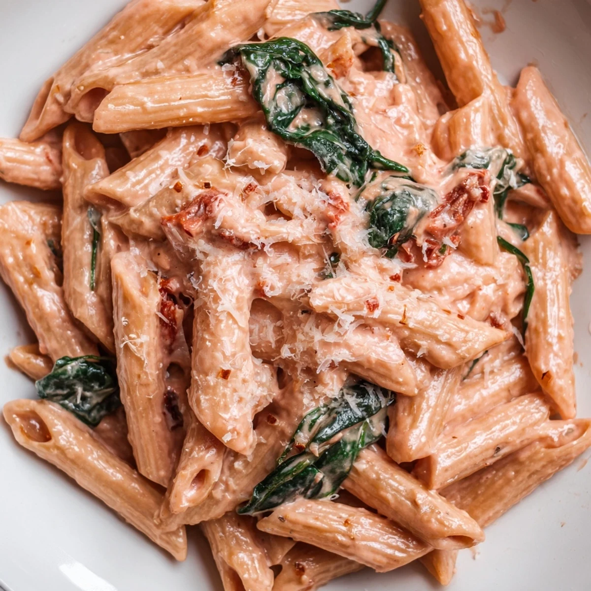 One pan creamy sun dried tomato spinach pasta topped with grated Parmesan in a white bowl