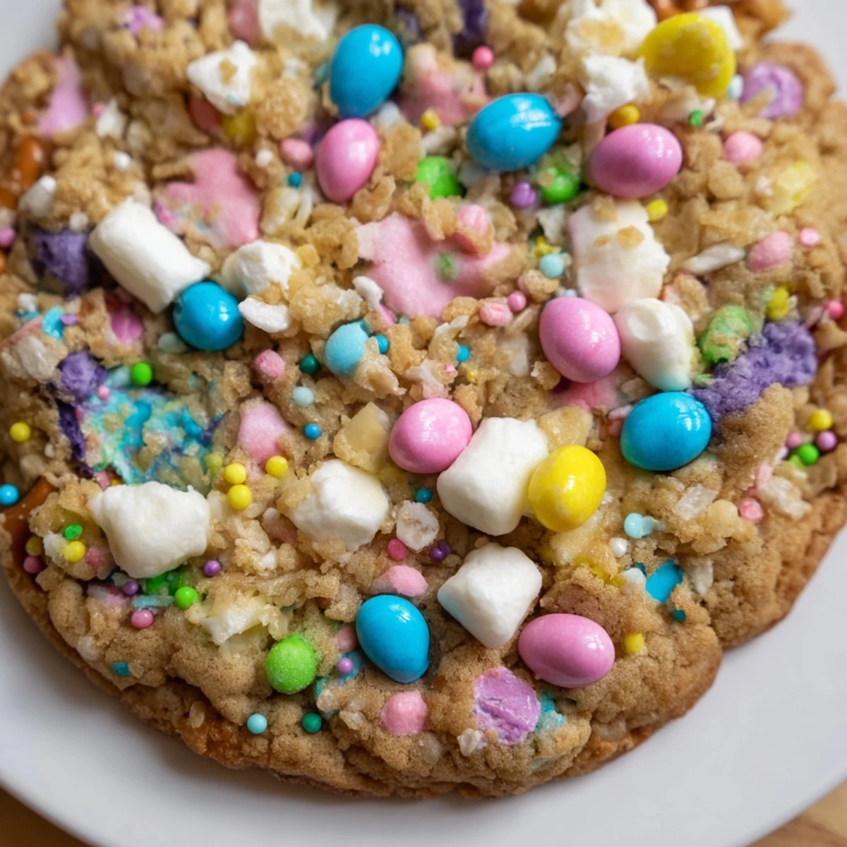 Colorful Easter Trash Cookies loaded with pastel candies, pretzels, and sprinkles on a rustic baking sheet