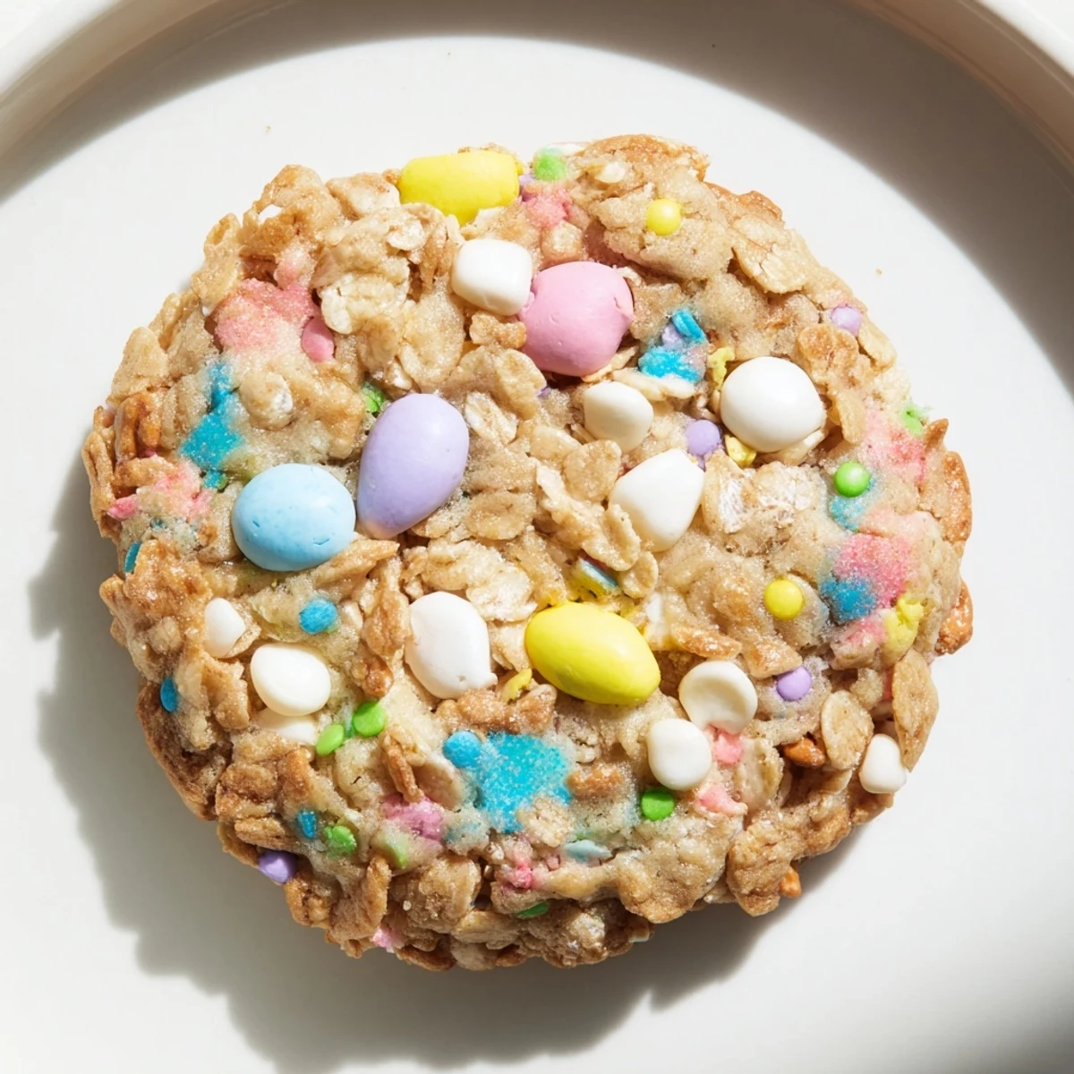Chewy Easter Trash Cookies with crispy cereal, mini marshmallows, and candy-coated chocolates clustered together