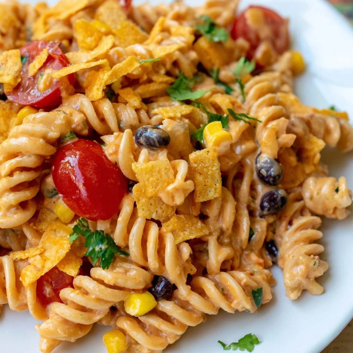 Colorful taco pasta salad in a serving bowl with cheddar cheese, tomatoes, and creamy dressing