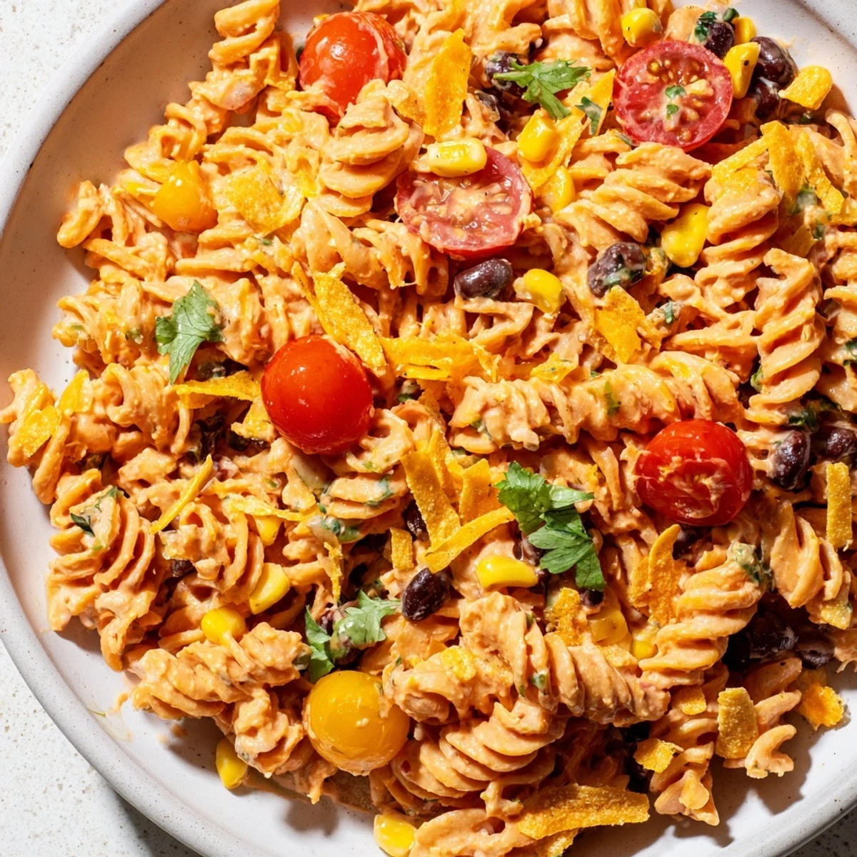 Creamy taco pasta salad topped with crushed tortilla chips, black beans, and fresh cilantro