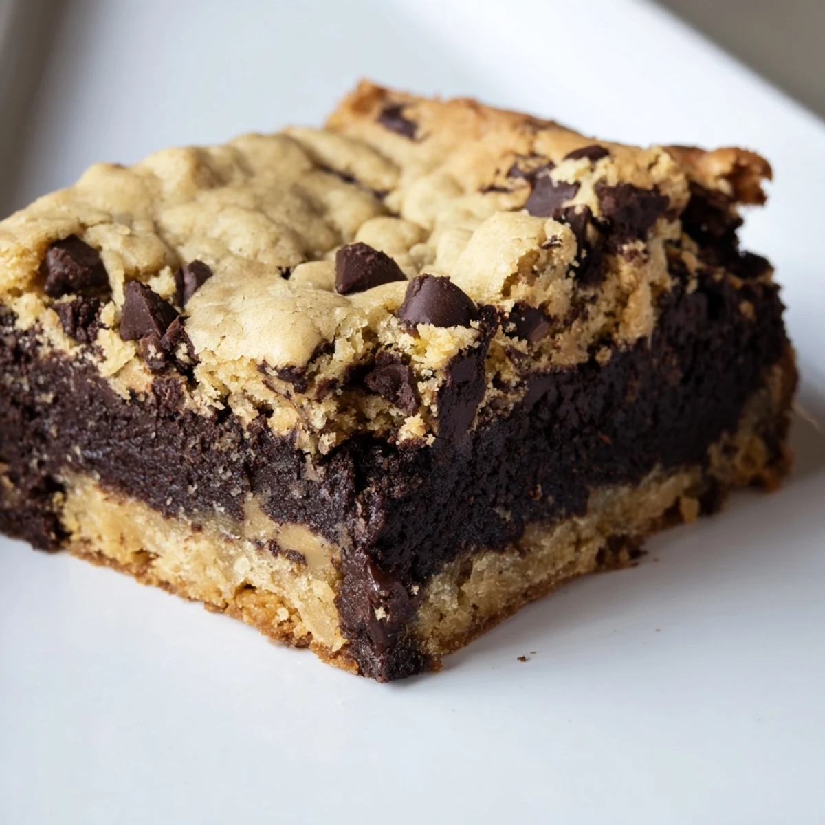 Golden vegan brookies with fudgy brownie bottom and chewy chocolate chip cookie topping on rustic board