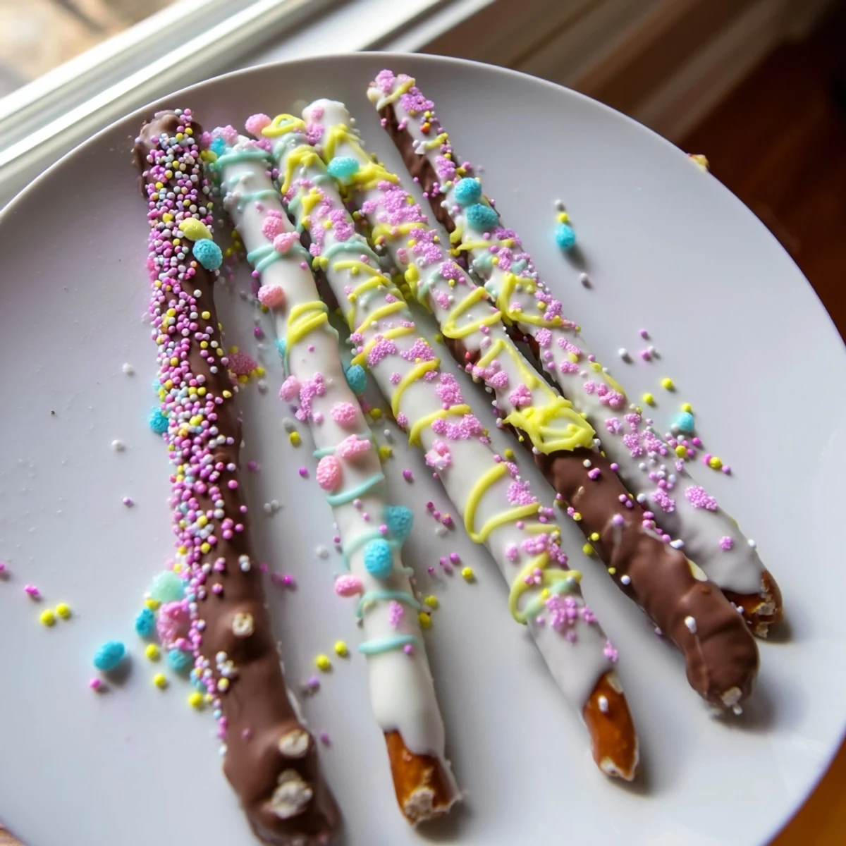Chocolate covered pretzels for Easter topped with pastel sprinkles on parchment paper