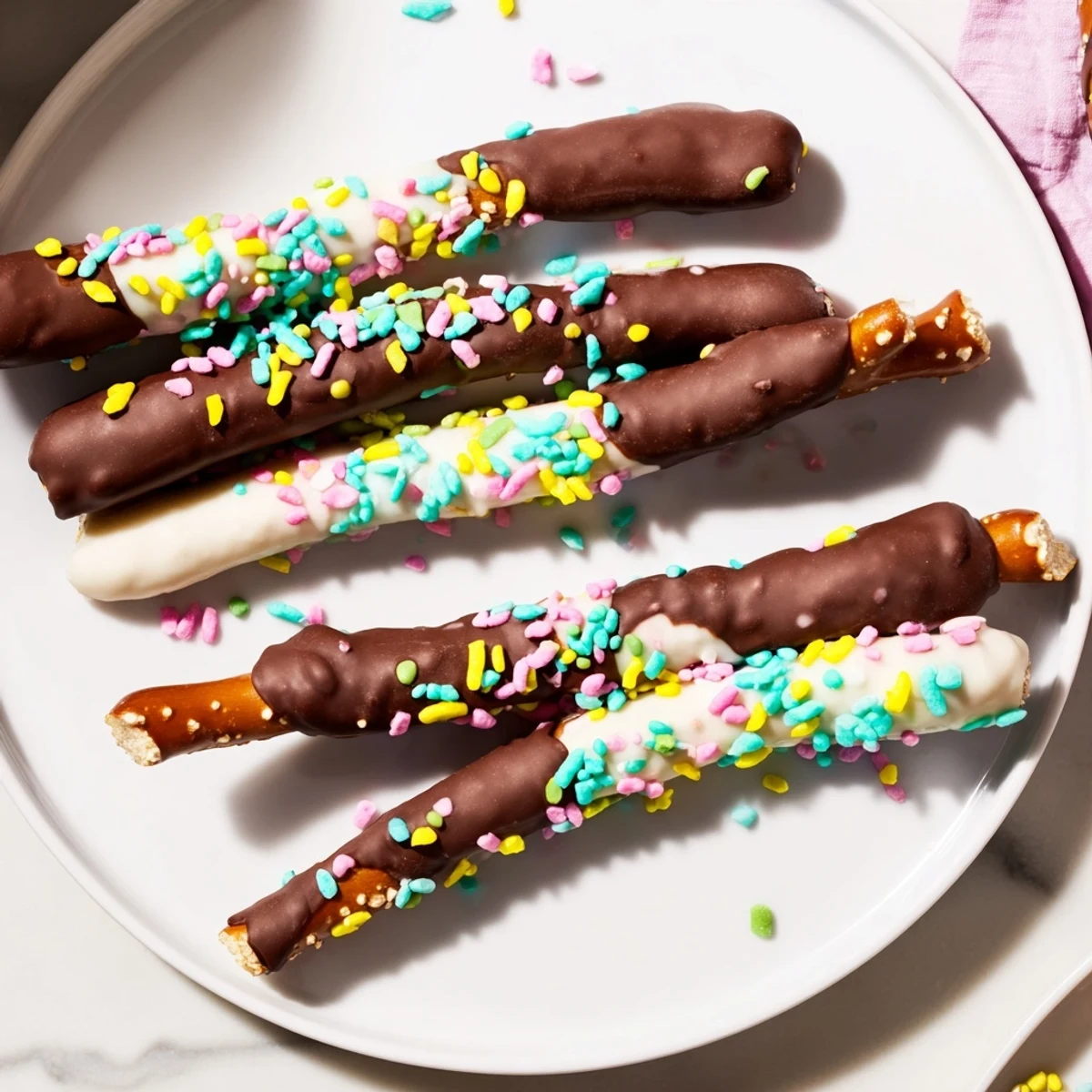 Crunchy chocolate covered pretzels for Easter drizzled with candy melts and sprinkles