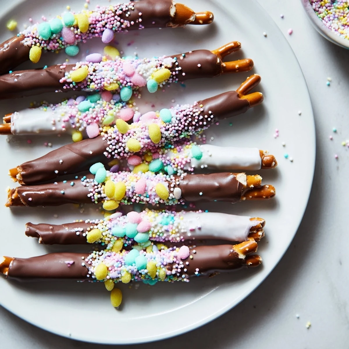 Festive chocolate covered pretzels for Easter arranged on a decorative serving platter