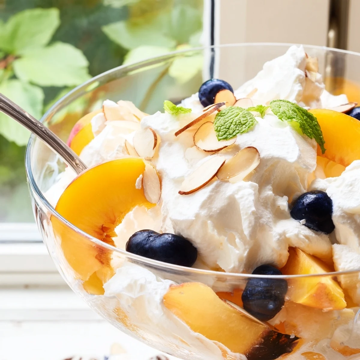Chilled peaches and cream salad layered with fluffy whipped cream and summer berries in glass