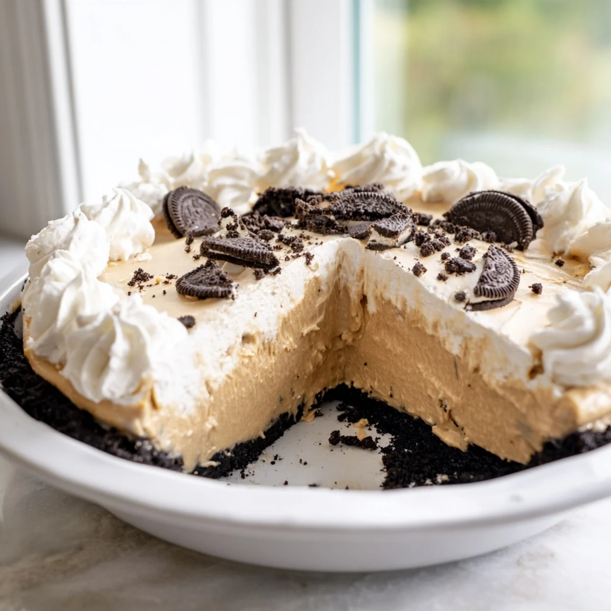 Creamy peanut butter Oreo pie sliced thick with fluffy whipped cream topping