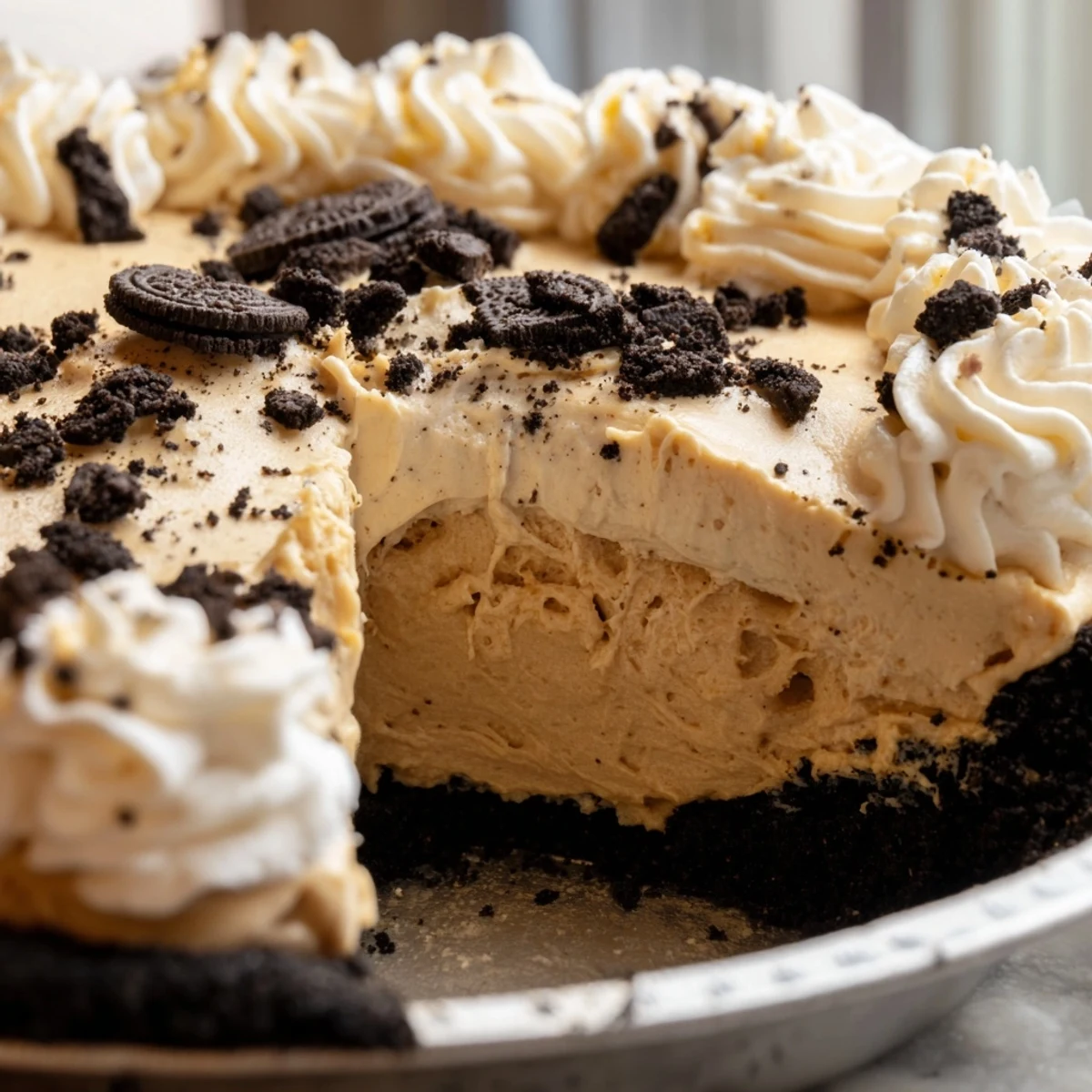 Silky peanut butter filling inside a crunchy chocolate cookie crust dessert slice