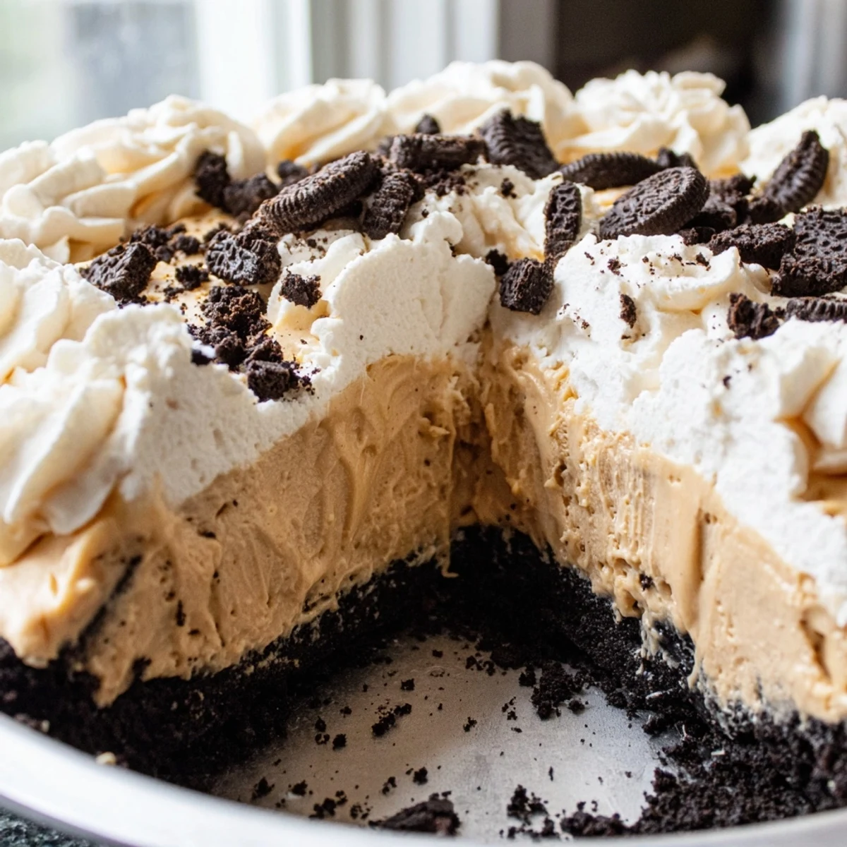Chilled peanut butter Oreo pie garnished with cookie crumbles ready to serve