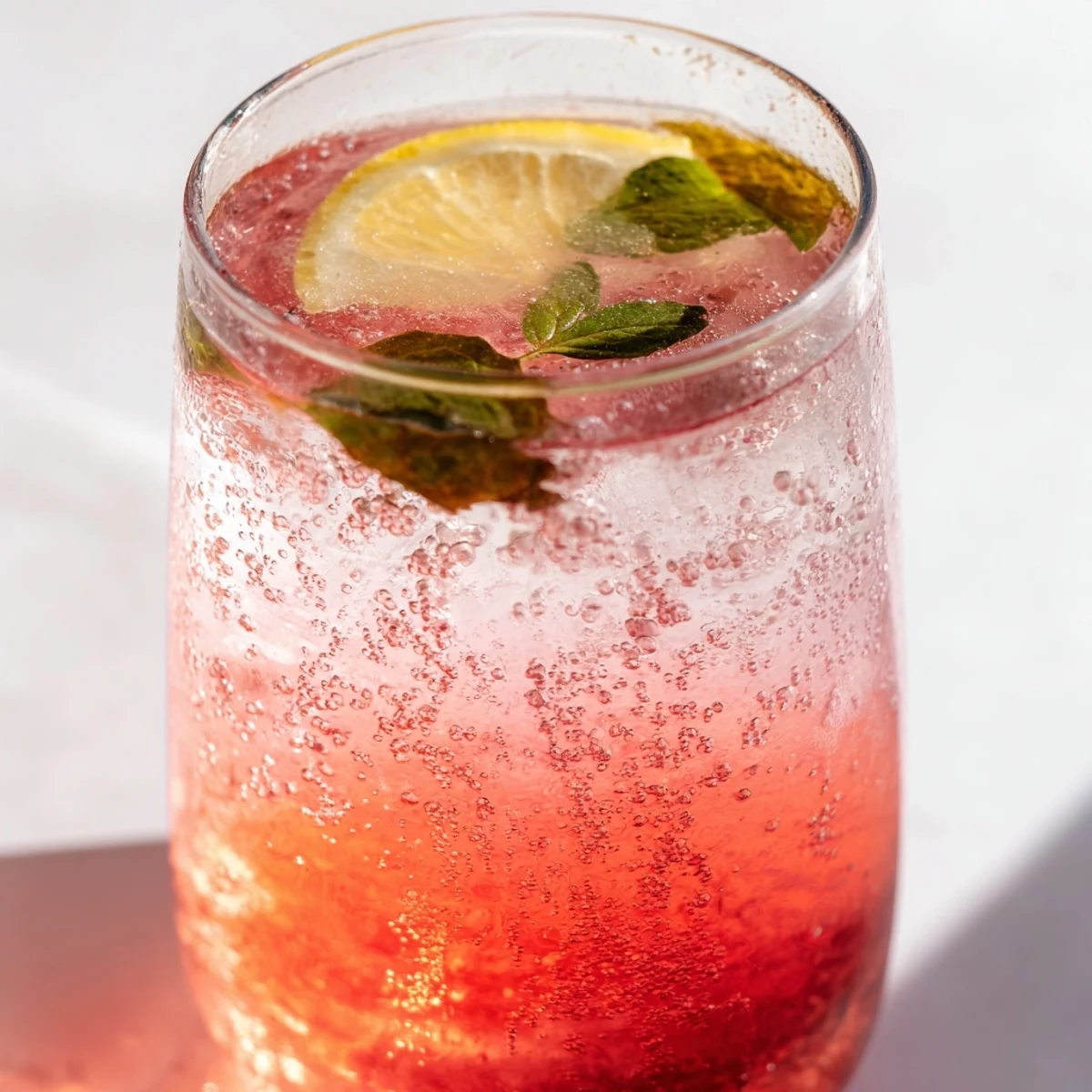 Sparkling honey lemon pink soda served over ice with fresh mint garnish
