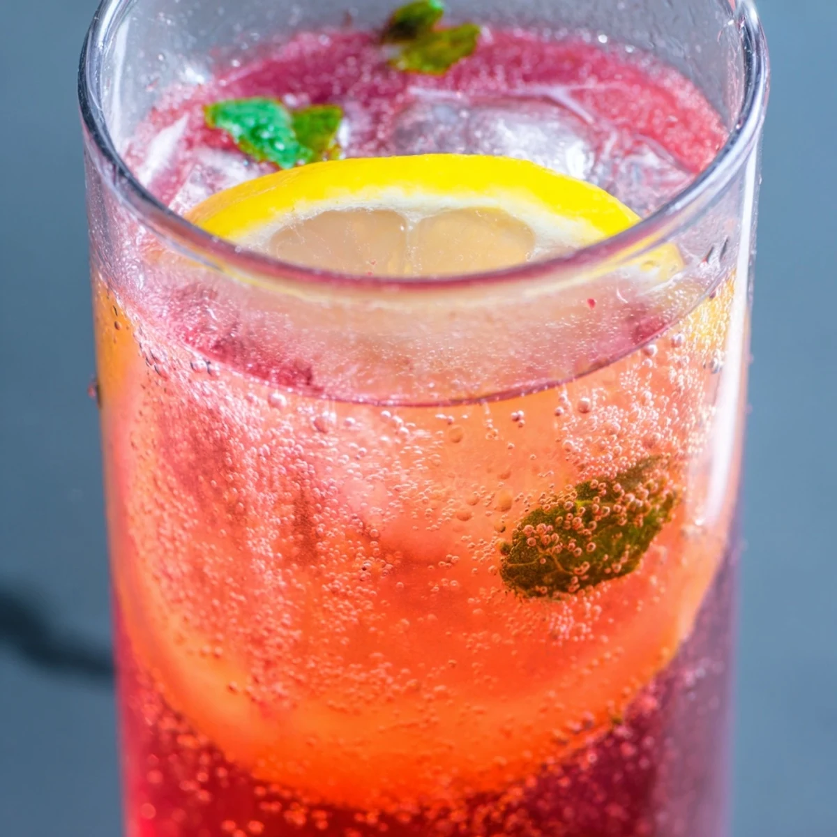 Refreshing honey lemon pink soda in glasses with lemon slices and mint leaves
