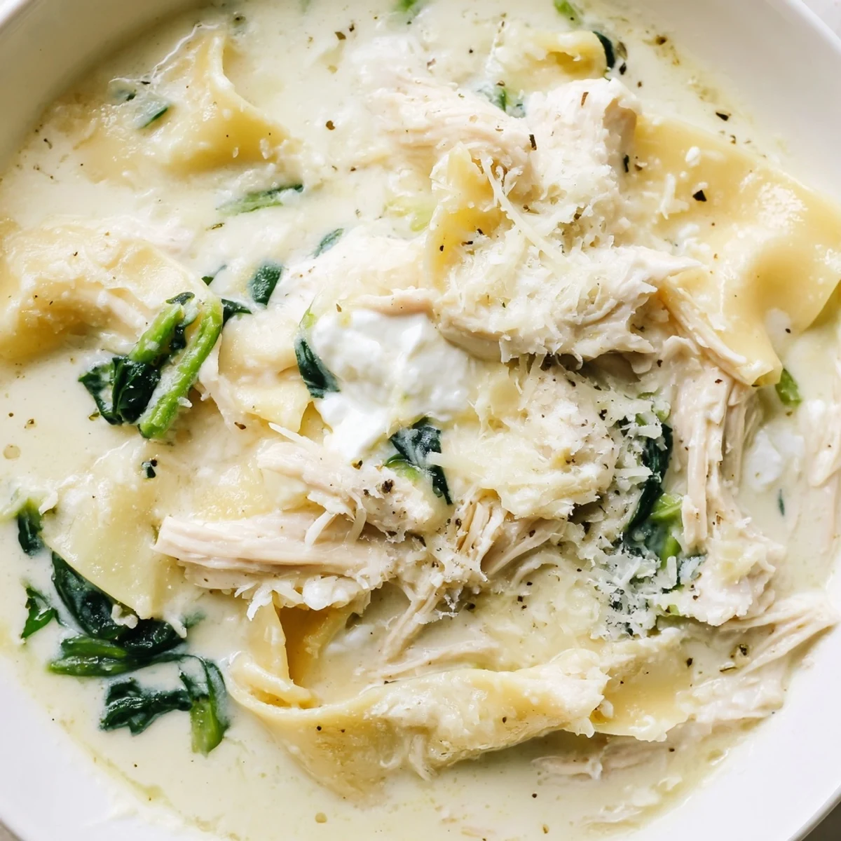 Creamy white lasagna soup in a white bowl with melted cheese and tender noodles