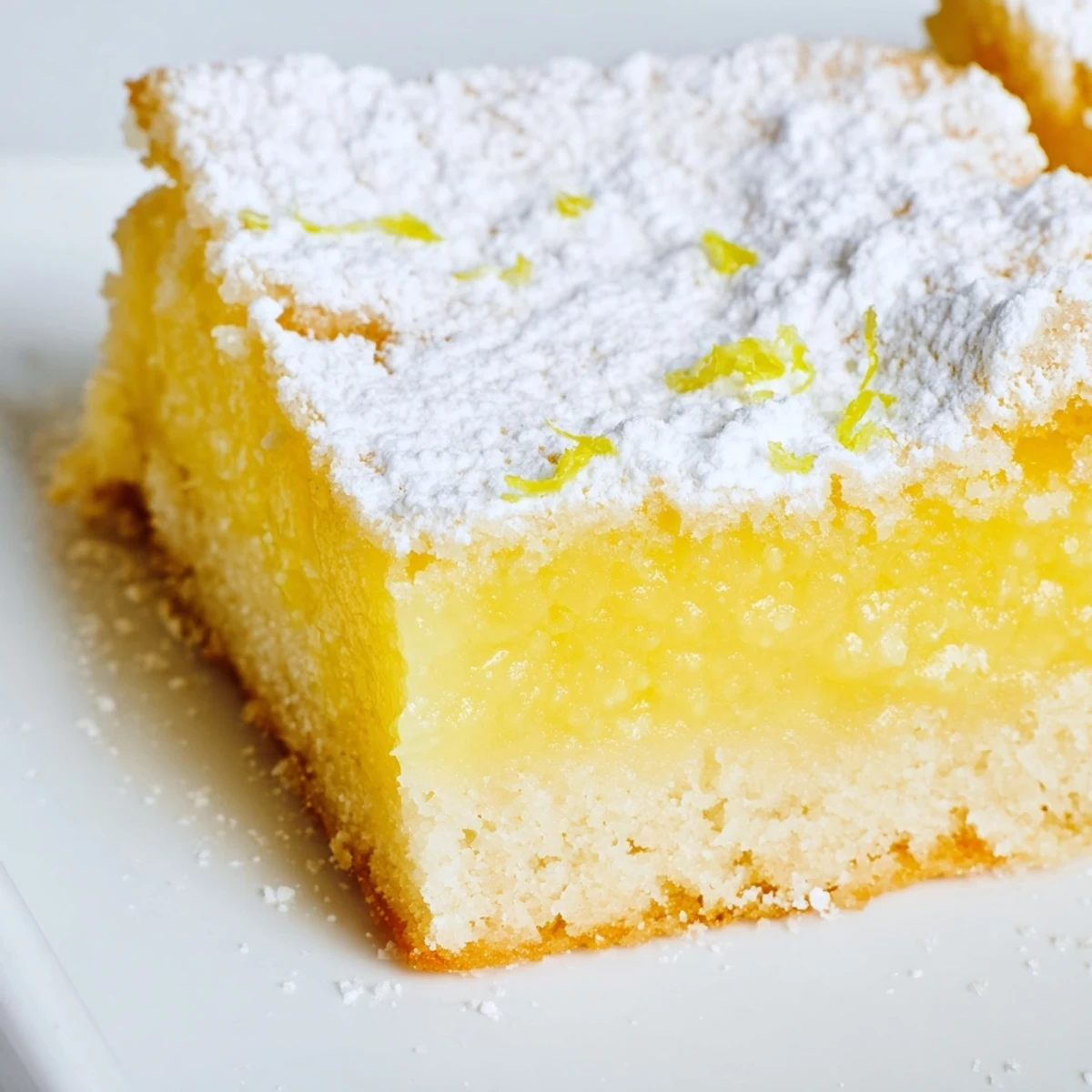 Golden lemon bars with powdered sugar dusting on a rustic white serving plate