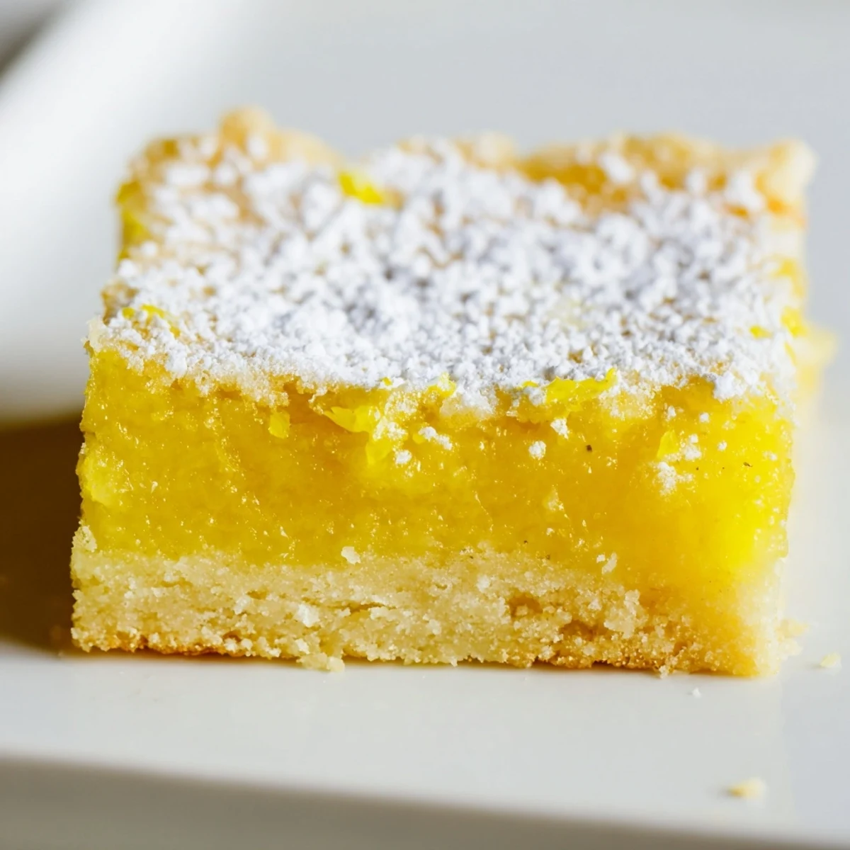 Tangy lemon bars sliced into neat squares showing off the buttery shortbread crust