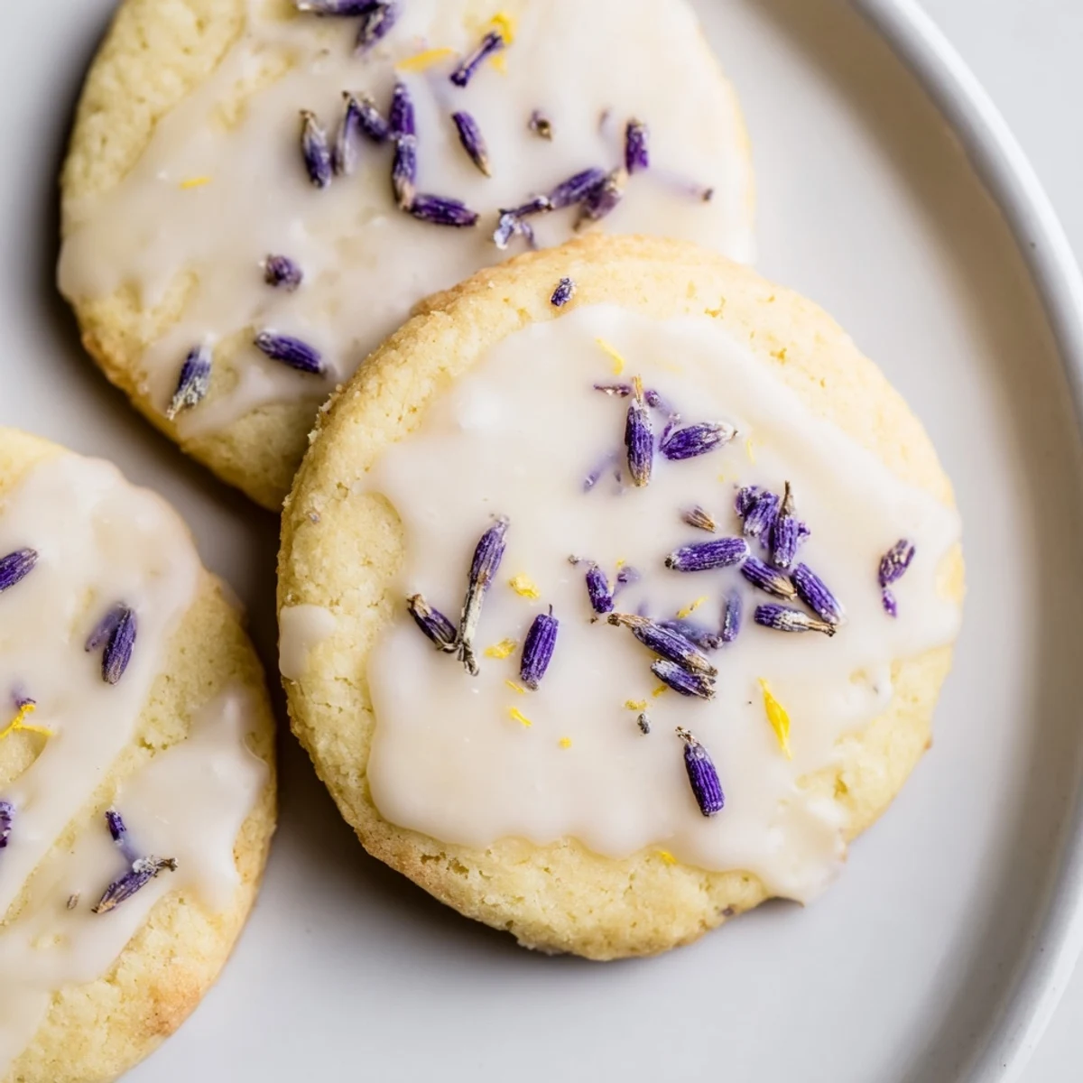 Iced Lemon Lavender Shortbread Cookies drizzled with glossy lemon icing on a rustic wooden board
