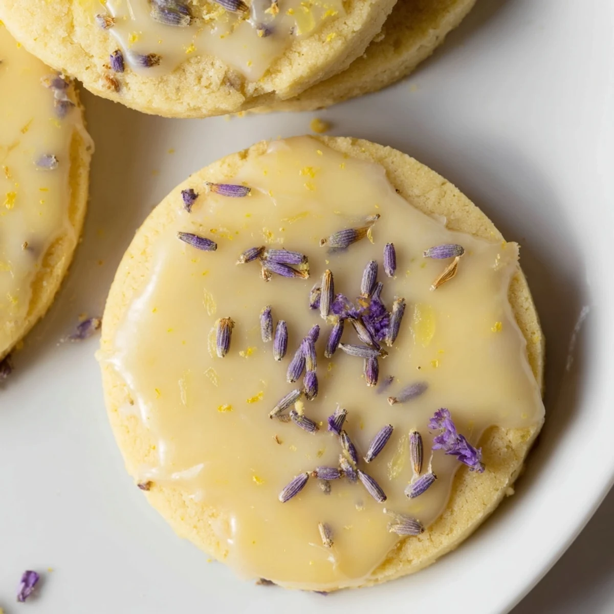 Buttery Iced Lemon Lavender Shortbread Cookies with speckled lavender buds and bright citrus glaze