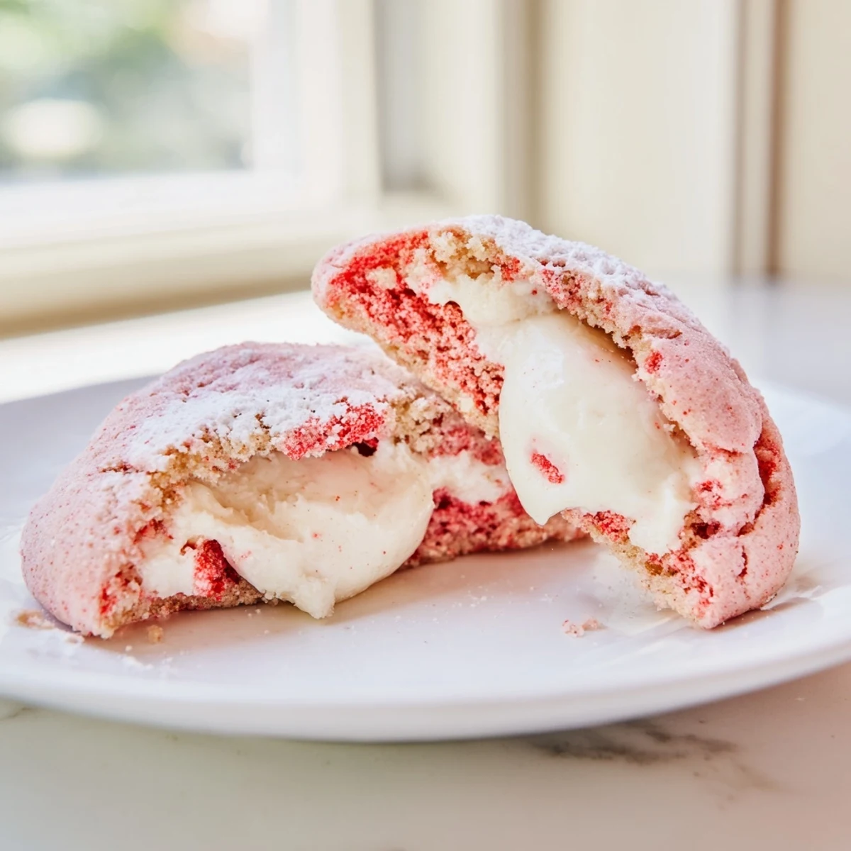 Soft Strawberry Cheesecake Cookies with creamy centers on a rustic baking sheet ready to serve