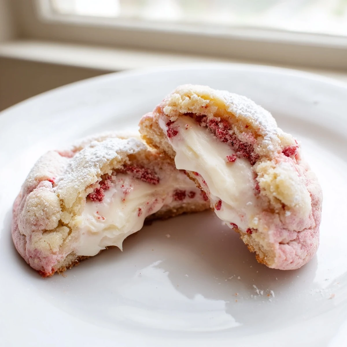 Golden Strawberry Cheesecake Cookies topped with crushed freeze-dried berries cooling on a wire rack