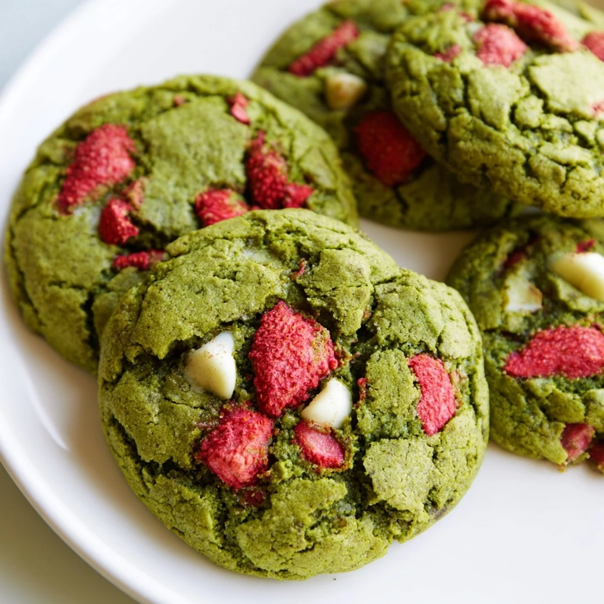 Chewy strawberry matcha cookies fresh from oven with cracked edges and bits of freeze-dried berries