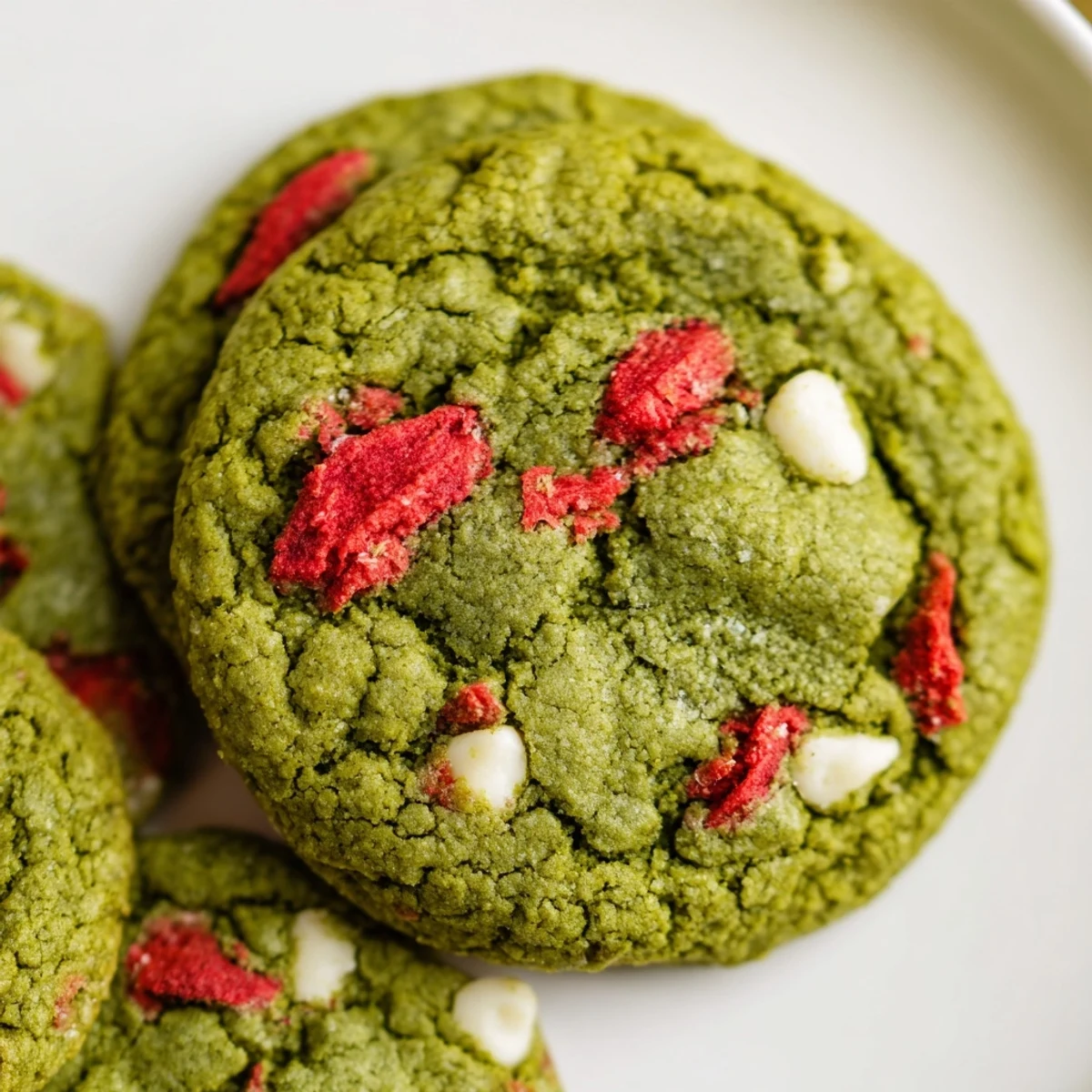 Soft strawberry matcha cookies with vibrant green color and speckled red fruit pieces on rustic baking sheet