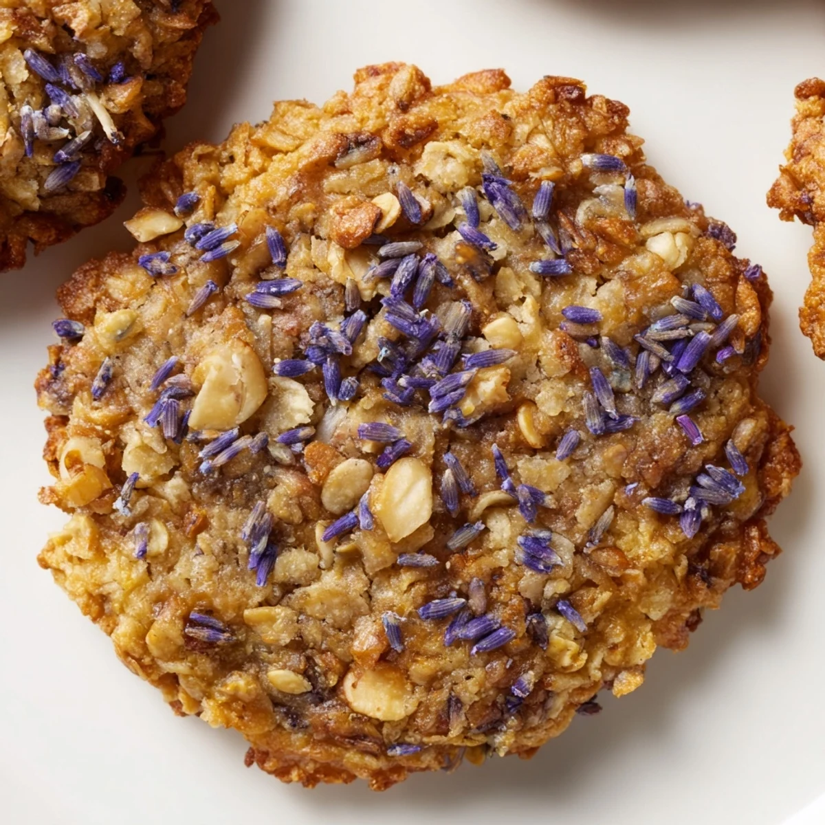 Golden Lavender Honey Crunch Cookies with toasted nuts arranged on a rustic white ceramic plate
