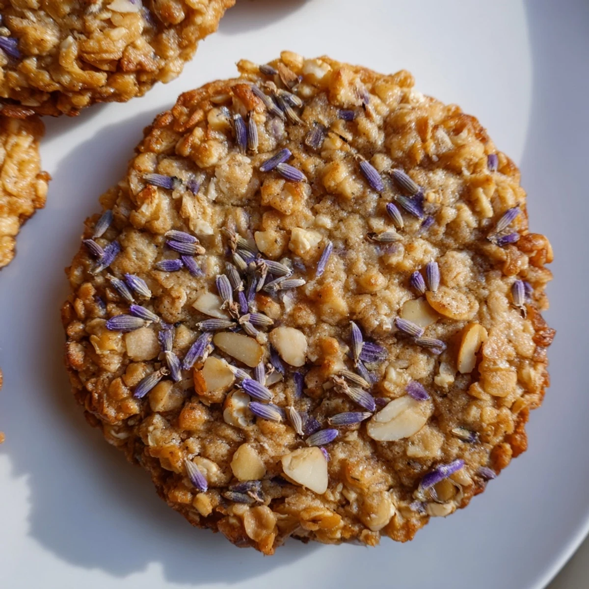 Crisp-edged Lavender Honey Crunch Cookies cooling on a wire rack with visible purple specks