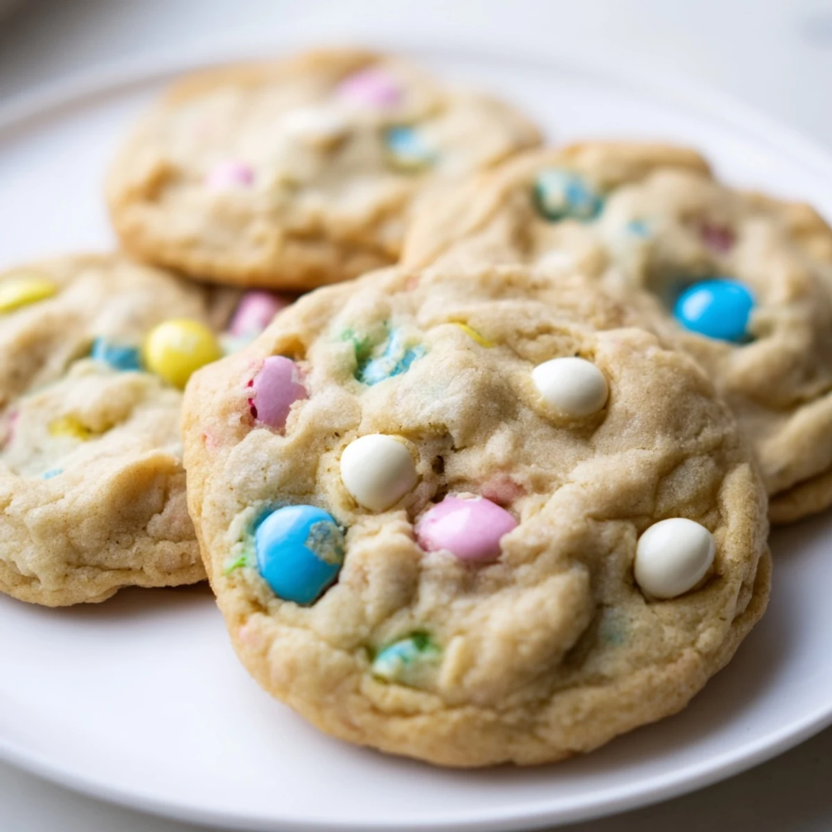 Chewy M&M bunny cookies fresh from the oven with golden edges and colorful chocolate candies