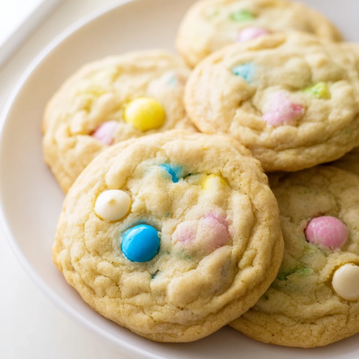 Soft M&M bunny cookies with pastel candies scattered on a rustic wooden serving board