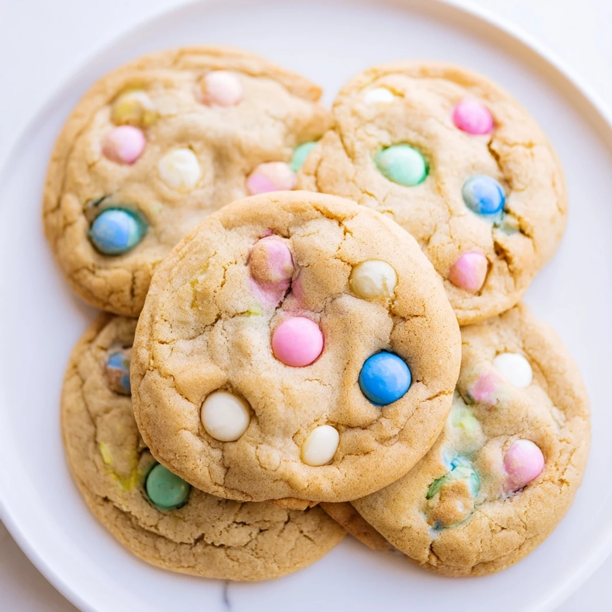 Warm M&M bunny cookies arranged on a festive Easter platter with extra candy sprinkles