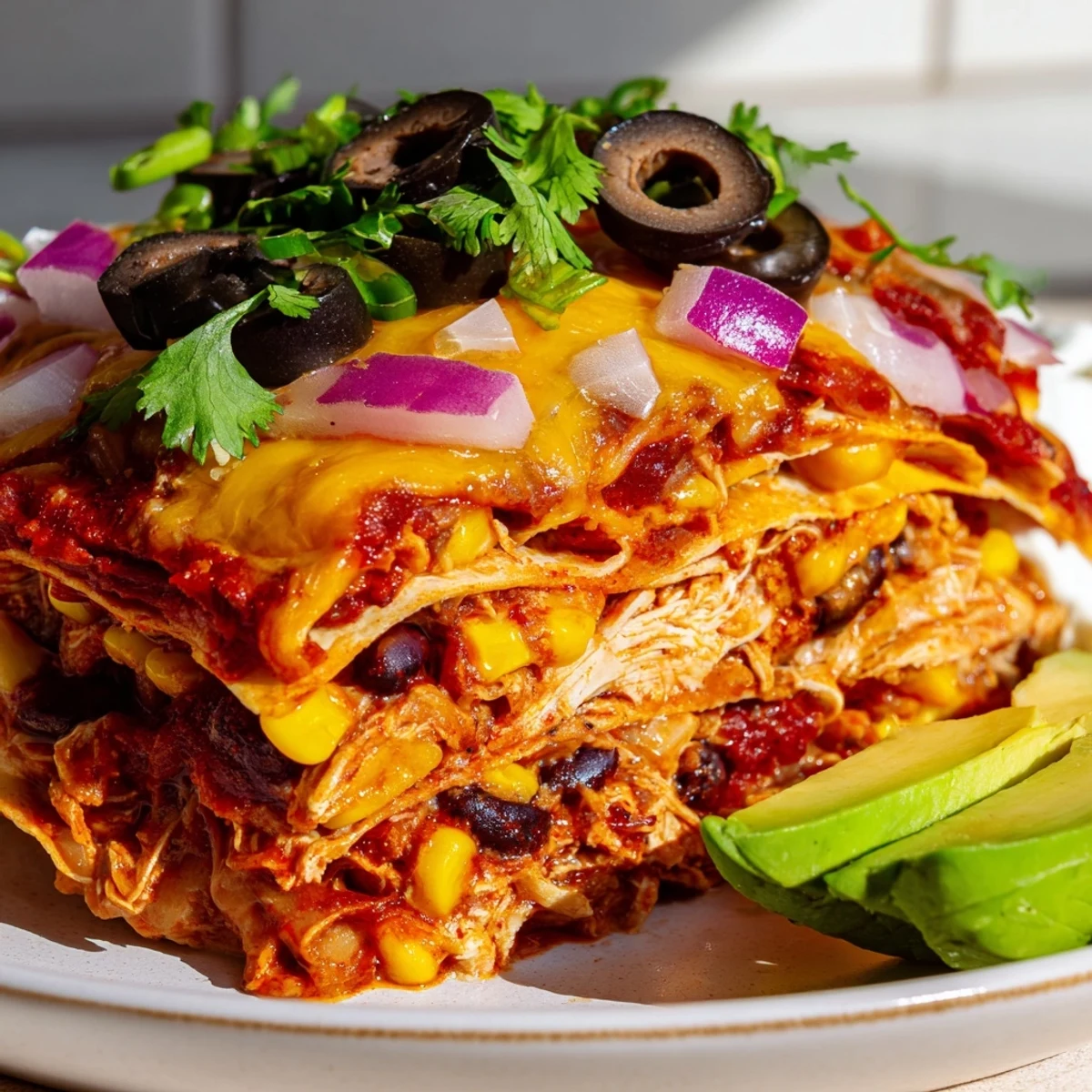 Golden bubbly cheese tops this cheesy shredded chicken enchilada bake fresh from the oven