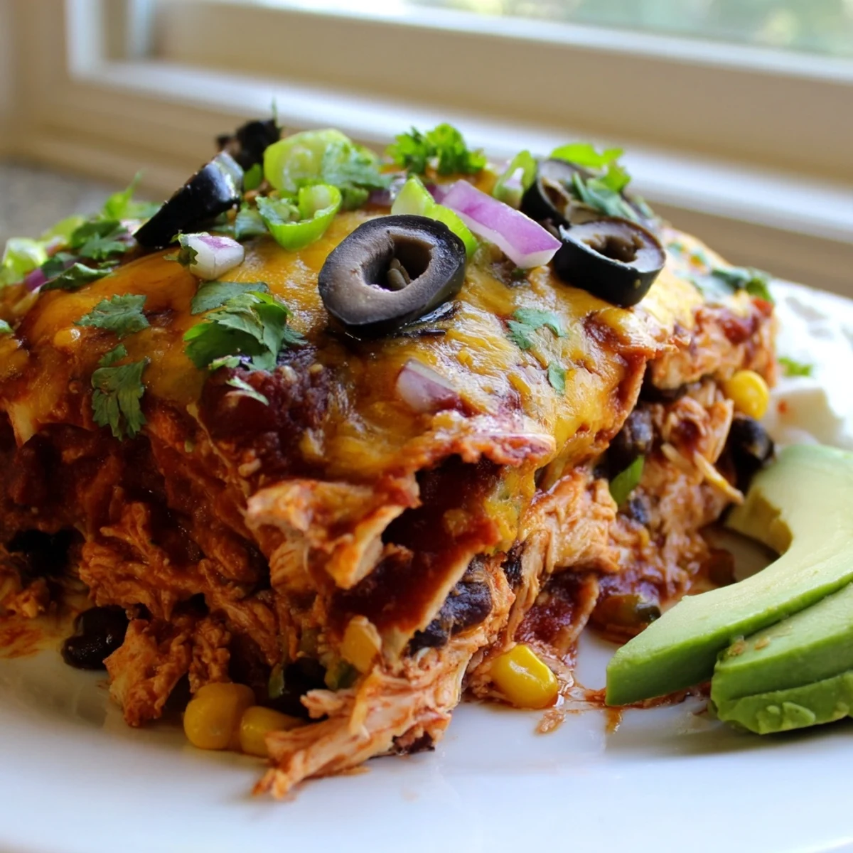 Close-up of cheesy shredded chicken enchilada bake with melted cheese and black bean filling