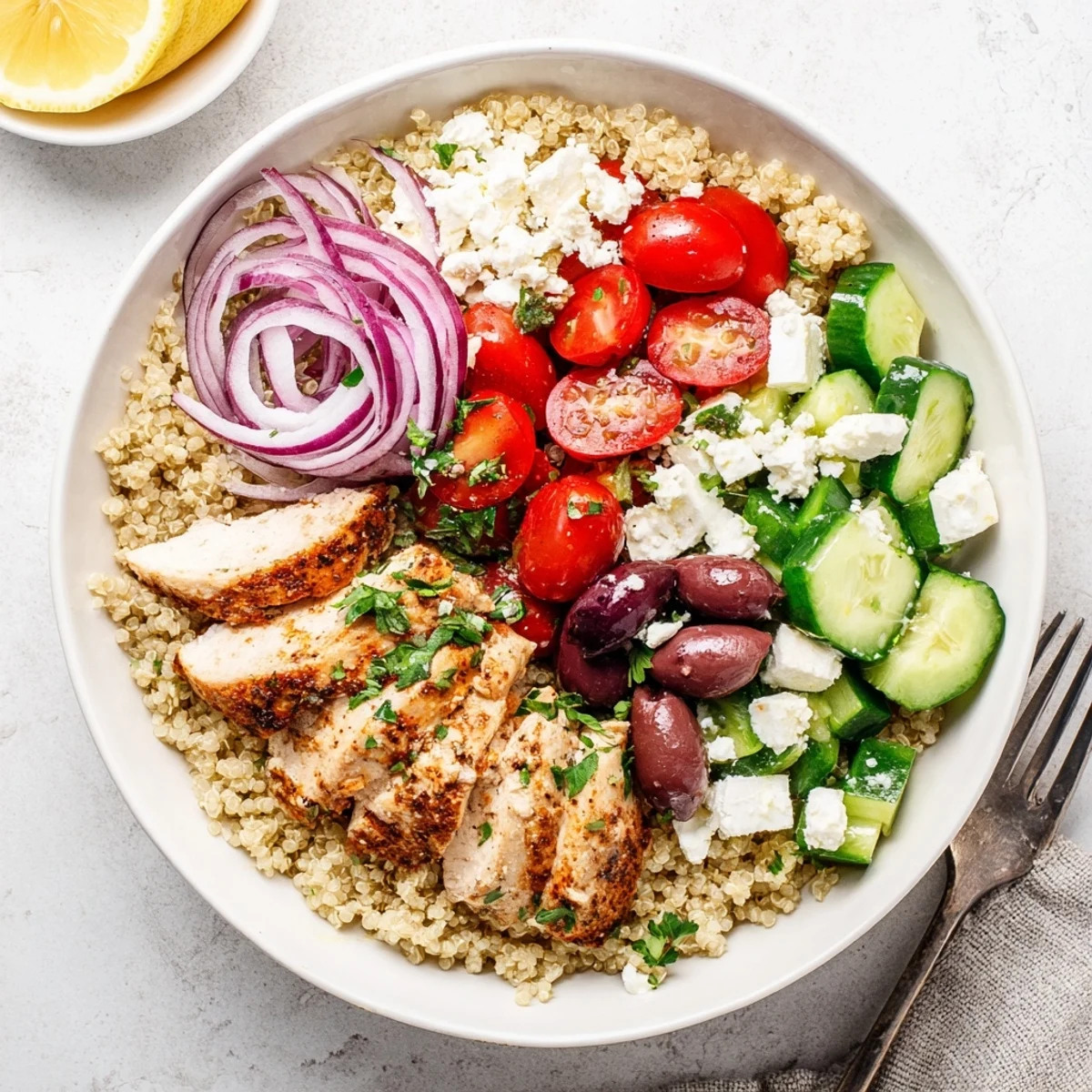 Mediterranean Chicken Quinoa Bowl topped with grilled chicken, fresh vegetables, and crumbled feta cheese