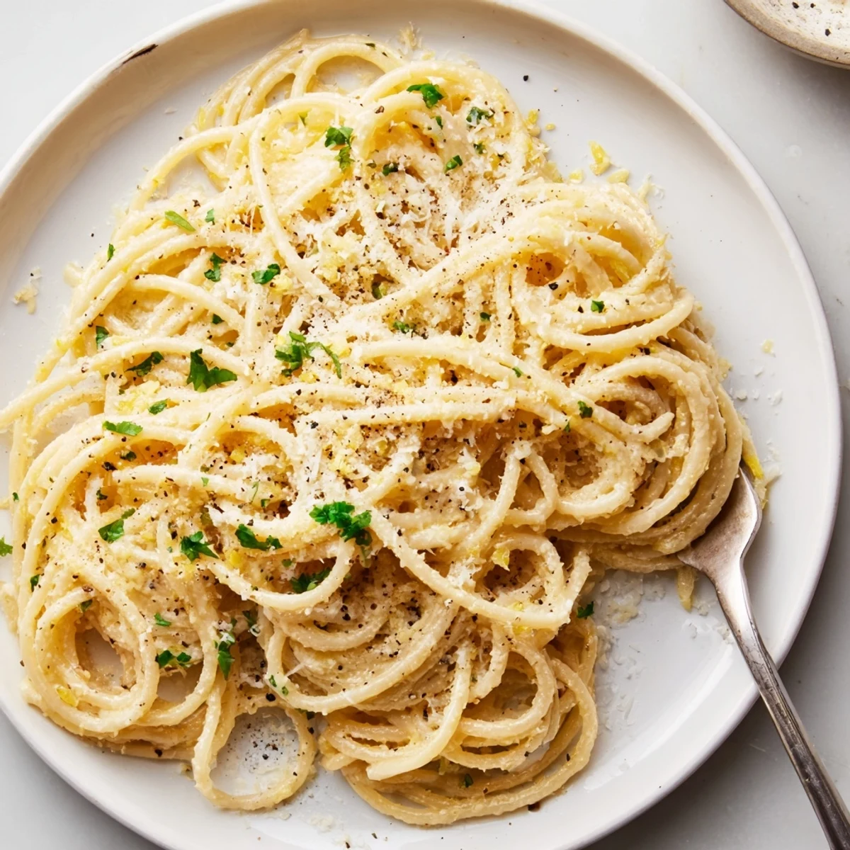 Steaming bowl of Parmesan Lemon Pasta glistening with buttery lemon garlic sauce