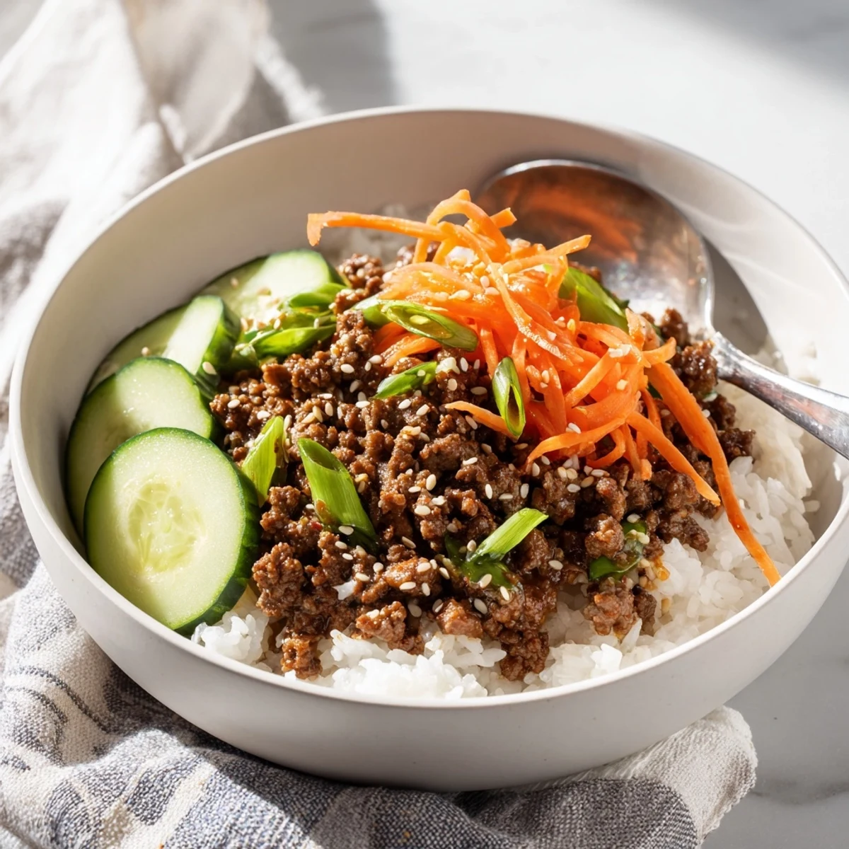 Korean beef bowls with caramelized ground beef and fresh veggies over fluffy steamed white rice